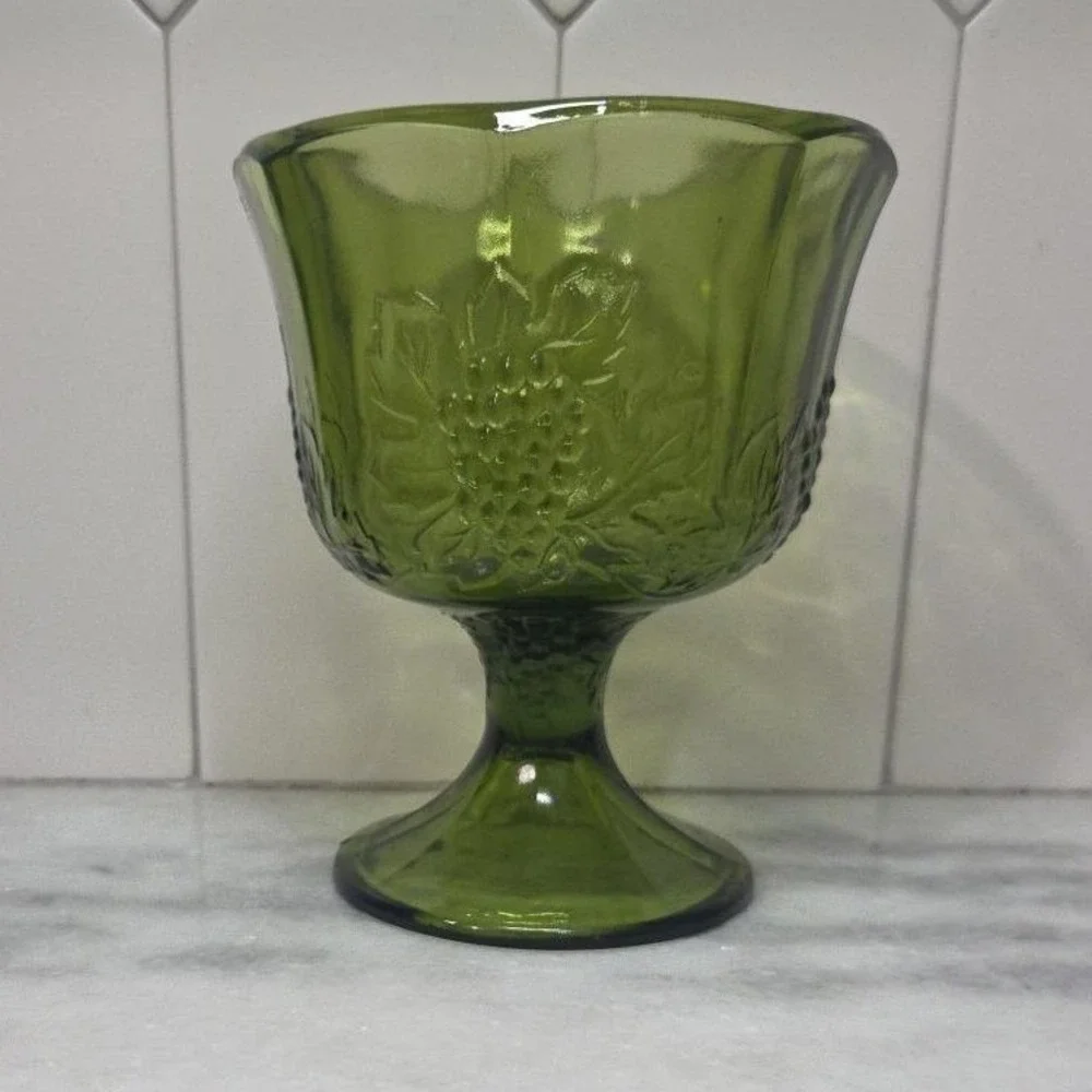 Indiana Glass Colony Harvest Grapes Compote, Vintage Avocado Green Pedestal Bowl